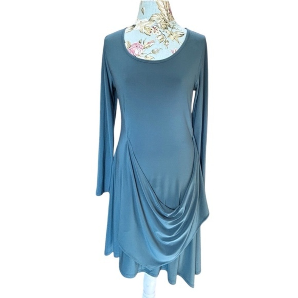 Last Tango Womens Medium Teal Blue Draped Front Long Sleeve Jersey Dress USA 829
